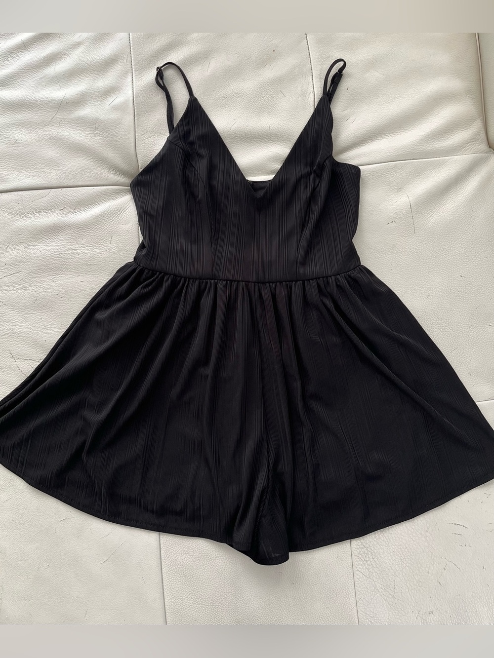 Luvalot Black Plisse Pleated V-Neck Romper with Adjustable Straps